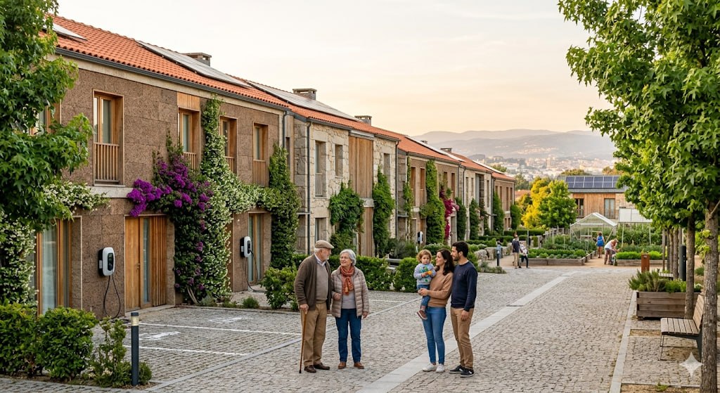 Aldeamentos Sustentáveis e Cooperativos — rua com habitação eficiente e carregadores eléctricos
